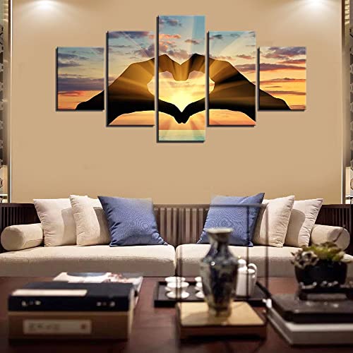 Sunysuby 5Pcs/Set Cozy Sunrise Sunset Hand Love Shape Sign Abstract Modern Large Framed Canvas Wall Art Oil Painting Artwork On Stretched Canvas Print Painting Décor Picture Decoration For Home Bedroom Living Dining Room Office Ready To Hang(Sunset Love, W50" X H24") #TOP2