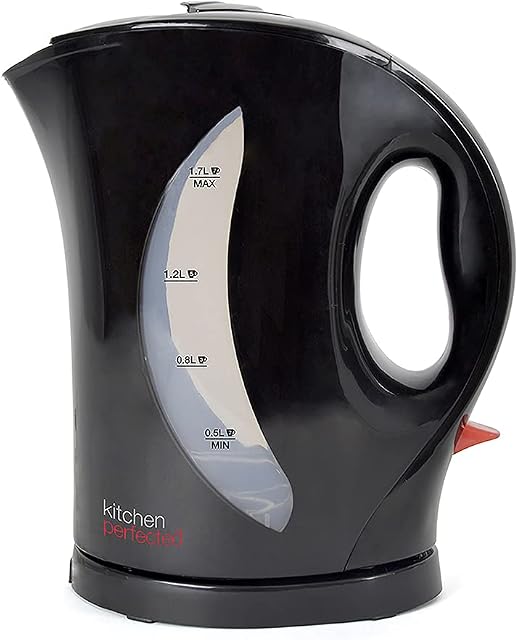 Kitchen Perfected 2000W 1.7L Electric Cordless Kettle - Dual Water Level Windows with Cup Indicators - Washable Filter ? On / Off Indicator Light -Automatic Safety Shut-Off - E1524BK - Black