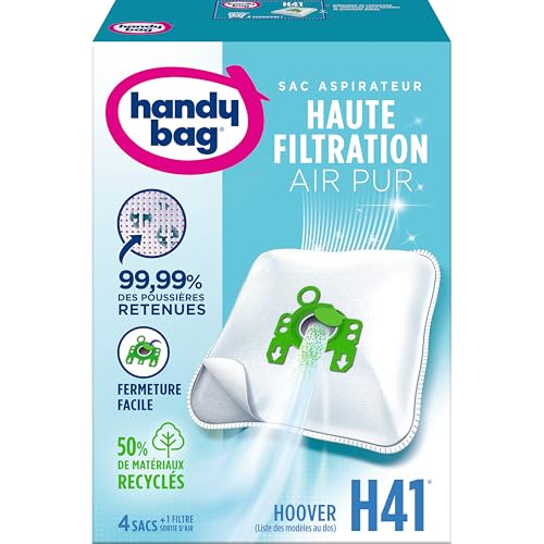 Melitta Handy Bag - H41 - 4 Sacs Aspirateurs, pour Aspirateurs Hoover, Fermeture Hermétique, Filtre Anti-Allergène, Filtre Moteur, Blanc