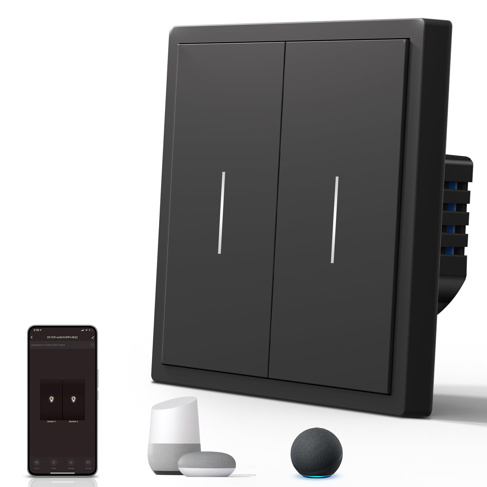 BSEED Smart Light Switch,WiFi Mate Wall Switch with Led Indicator,Remote Control,Voice Control,Timer Function,2 Gang 1 Way,Black 86mm — image 1