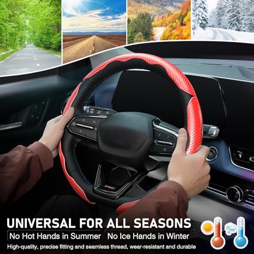Image of 3 Piece Carbon Fiber Steering Wheel Cover, Car Steering Wheel Cover for Men /Women, Anti-Slip, Comfortable Grip, Durable, Universal for 99% Car Interior Accessories (Red)