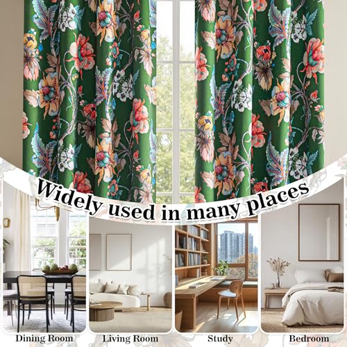 Image of MYSKY HOME Floral Blackout Curtains 63 Inch Long Bedroom Black Out Thermal Insulated Room Darkening Curtain Printed Flower Vintage Style Grommet Window Treatments Living Room Kitchen, Pack-2, Green