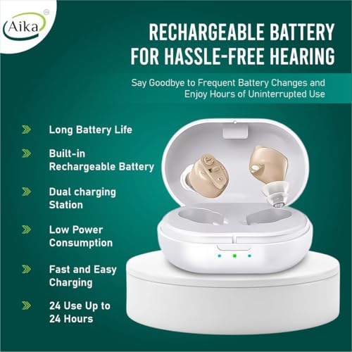 Image of Aika AG-7901 Mini Rechargeable CIC Digital Hearing Aid Sound Amplifier Machine for Old age with Auto Noise Cancellation, Clear Sound and Dry Kit (For Both Ear, Beige)