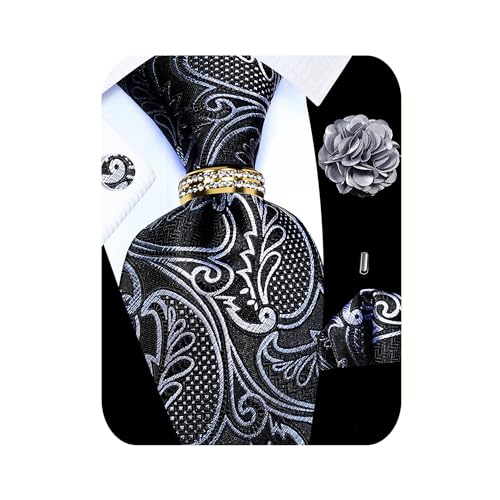 Kerfado 5PCS White Black Paisley Tie and Pocket Square for Men, Silk Necktie and Handkerchief Cufflinks with Gold Ring and Lapel Pin Set