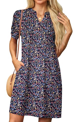 GRECERELLE Sommerkleid Damen Kurzarm V-Ausschnitt Etuikleider T-Shirt Minikleid Tunika Kleid Dresses for Women Leichte Kurze Freizeitkleid Strandkleid...