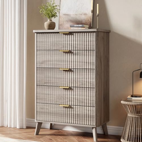 Garvee 5 Drawers Dresser for Bedroom, 47.2" Tall Dressers with Curved Profile Design, Fluted Wood Drawers with Gold Handle, Modern Chest of Dressers with Thickened Design for Living Room, Gr