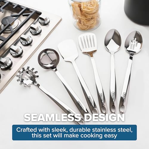 Image of Viking Kitchen Utensils Set, 6 Piece Stainless Steel Cooking Utensil Set, Includes Spatulas, Spoons, Pasta Fork, and Deep Ladle, Hollow Forged, Silver