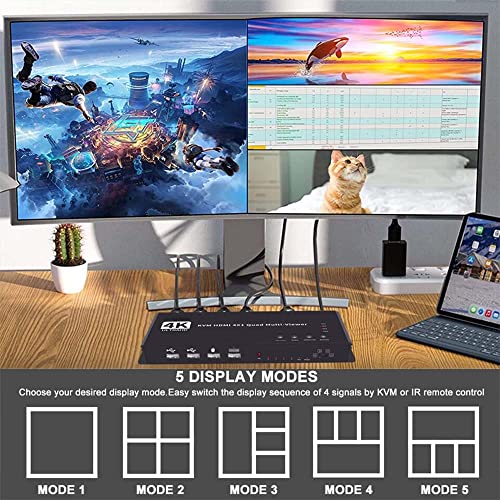 Image of Etzin 4 Ports Quad KVM HDMI-Compatible Multiviewer 4K 4 in 1 Out 1080P Quad Screen Multi Viewer HDMI Multi-Viewer Seamless Switch 5 Viewing Modes，Shares 4 USB Devices on 4 Computers-EPL-990H..