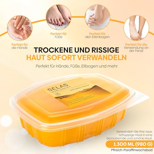 Paraffinwachs Pfirsich Duft 1.300ml (980g) Selas Paraffinbad für therapeutische und ästhetische Behandlungen von Händen und Füßen. Paraffintherapie, feuchtigkeitsspendend.
