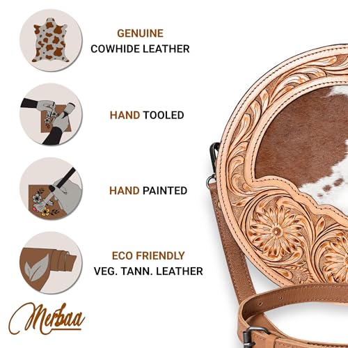 western Handtooled Cowhide Hairon Canteen Crossbody bag with Adjustable Detachable Leather Strap,Antique dye finish4