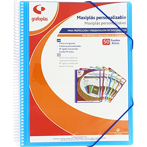 Grafoplás 39845030 Maxiplass Personalisierbarer Ordner mit Spiralbindung, 50 Hüllen, Blau, 30,8 x 24 x 22 cm
