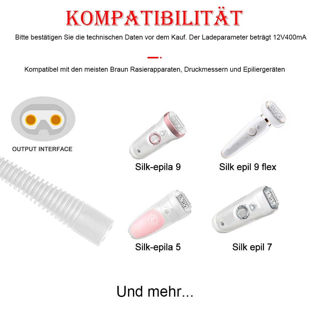 MEROM Caricatore Rasoio Cavo di Alimentatore Ricambio 12V 0.4A per Braun Silkèpil Serie épil 9 Flex épil 9 épil 5 épil 7 5376 7781 Caricabatterie Caricabatteria