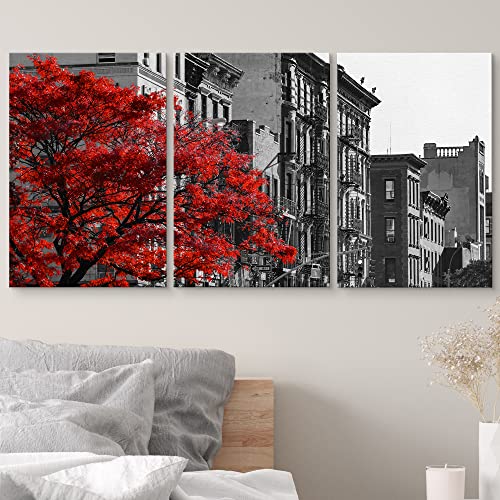 Wall26 - Red Tree Nyc Street Scene - Canvas Art Wall Art - 24"X36"X3 Panels #TOP2