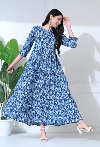 Image of Amazon Brand - Tavasya Women Botanical Floral Printed Maternity Midi Dress | Round Neck | 3 /4 Ruffle Sleeves | Concealed Feeding Zip | Gathered Tiered Nursing Dress
