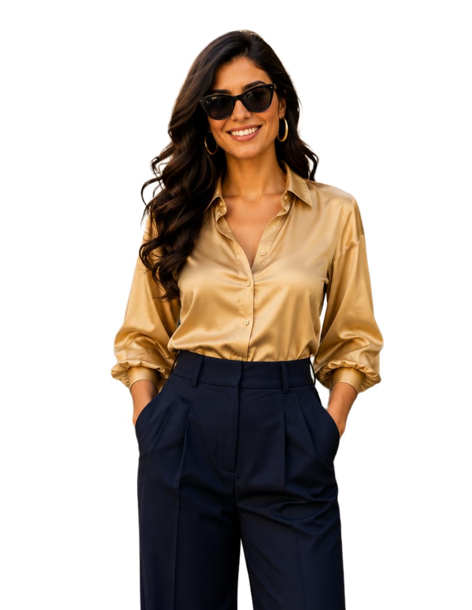 funday fashion Women Solid Spread Collar Bishop Sleeves Casual Satin Shirt-picture-24