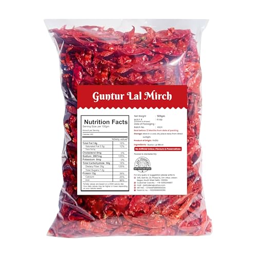 Image of Avlokan Guntur Red Chilli Whole with Stem - 100% Natural, Hot & Spicy Dried Red Chilli | Guntur Sabut Lal Mirch Guntur Withstem Red Chilli, 500 grams