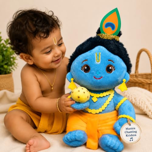 Image of AVSHUB Baby Laddu Gopal Krishna Plush Soft Toy with Mantra Chanting Music | Cute Bal Krishna Stuffed Doll with Laddu | Religious Gift for Kids, Janmashtami & Home Decor (Multicolor, 20 cm)