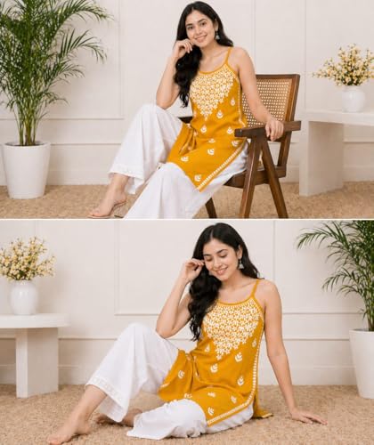 Image of Women's Chikankari Rayon Top Sleeveless Strappy Kurti | Embroidered A-Line Tunic for Women | Summer Ethnic Casual Wear Top with Spaghetti Straps