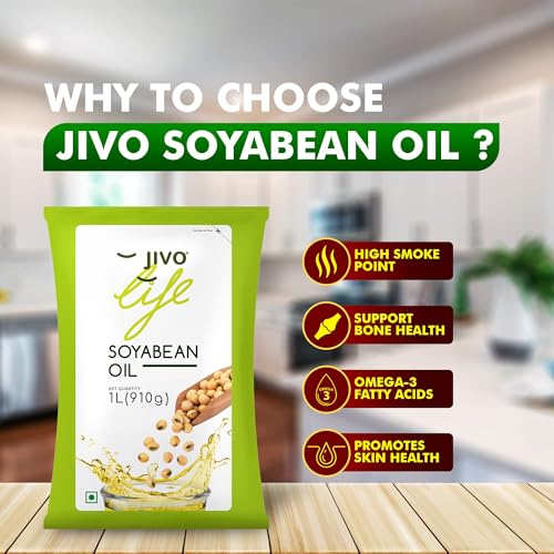 Image of Jivo Soyabean Oil Pouch 1 Litre Edible Cooking Oil for Daily Use | Ideal for Roasting, Frying, and Baking | High in Omega-3 and Low in Saturated Fat |