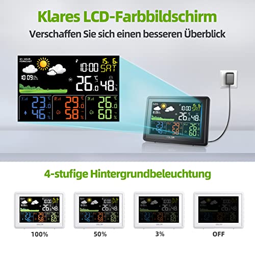 Foto von BALDR Wetterstation Funk mit 3 Außensensoren Innen Außen Digital Thermometer Hygrometer Feuchtigkeit mit Wettervorhersage, DCF Farbbildschirm Wetterstation, Wecker, Uhrzeitanzeige (Schwarz)