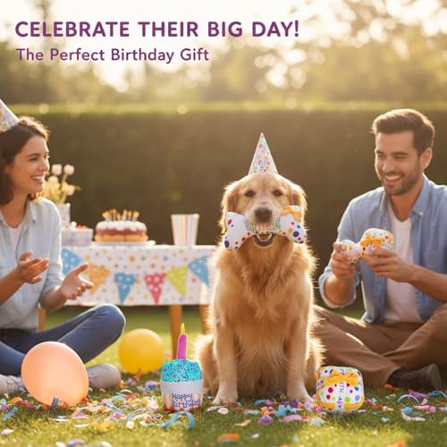 Paquete de 3 juguetes chirriantes de felpa para perros, juego de regalo de pastel de cumpleaños y hueso, juguetes interactivos para masticar para cachorros y perros, alivio del aburrimiento y - imagen 3