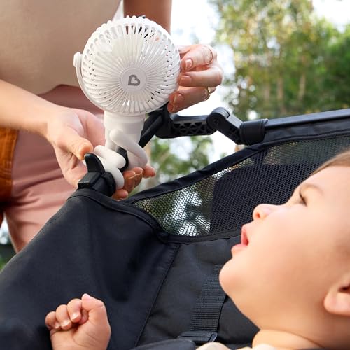 Image of Munchkin Stroller Fan - Portable Fan for Travel, Baby Gear Accessory with 4 Speeds, Flexible Clip-on Leg Attachment, Rechargeable Battery, White with Multicolored LED Lights