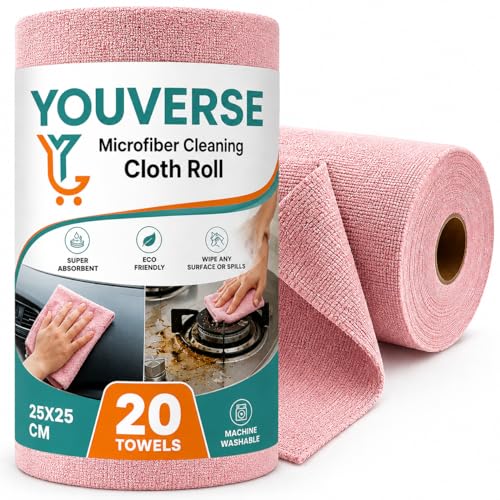 Image of Microfiber Cleaning Cloth Roll 20Pcs | Reusable Kitchen Cleaning Clothes 25x25cm | 4000 Times Washable | Ultra Absorbent Microfiber Cloth Roll for Kitchen, Car, Glass & Home Cleaning (Pink)