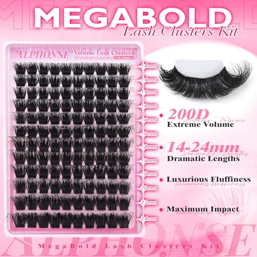 Mega Bold Lash Clusters Kit 14-24mm D-curved Cluster Eyelash Extensions Kit 200D Thick Volume Eyelash Clusters Kit with Lash Bond and Seal by ALPHONSE