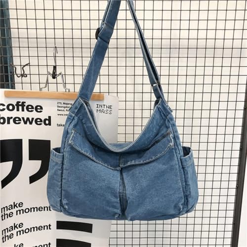 Image of Denim Shoulder Bag Canvas Messenger Bag for Women Men Tote Bag Casual Retro Aesthetic Crossbody Bag Handbag