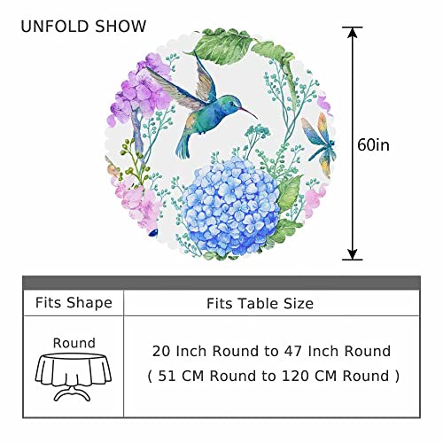 Aoyego Bird Floral Table Cloth Hummingbird Dragonfly Butterfly Hydrangea Nature Spring Round Tablecloth 60 Inch For Dining Room, Party, Banquet #TOP3