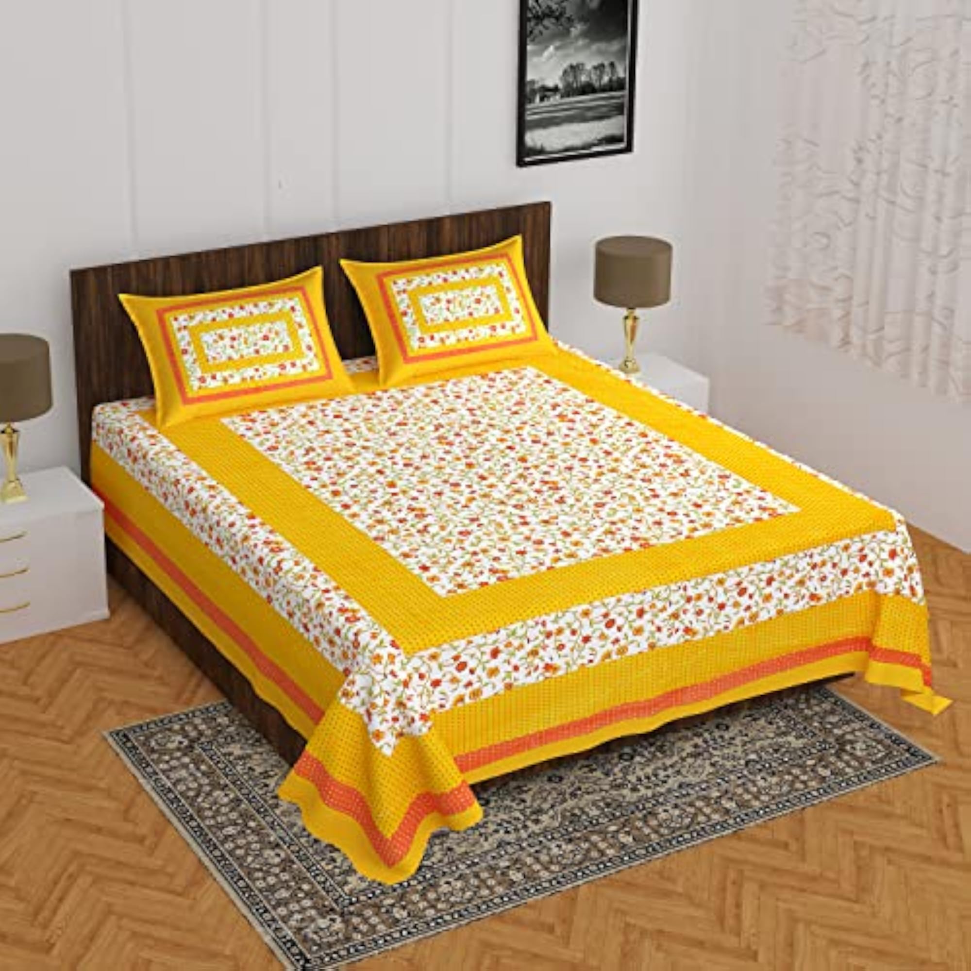 Rajasthani Jaipuri Traditional Printed Double Bed Sheet with 2 Pillow Covers