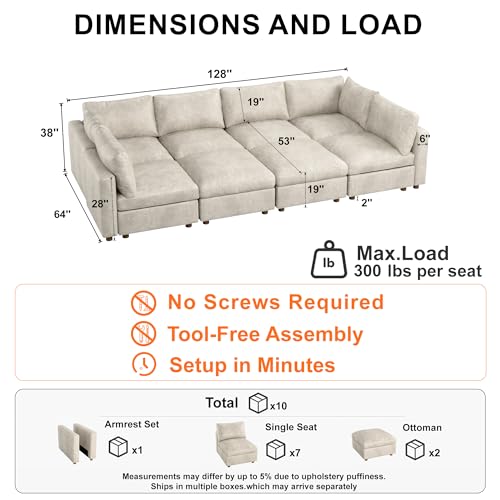 Image of 128'' Faux Leather Modular Sectional Sofa Bed Sleeper with Storage, Oversized Mid Century Modern Leather Sectional Couche for Living Room, 6 Seater Deep Seat Couch with 2 Storage Ottoman, Beige
