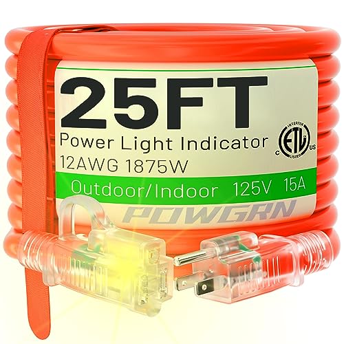 25 Ft 12/3 Outdoor Extension Cord Waterproof Heavy Duty With Lighted Indicator End 12 Gauge 3 Prong, Flexible Cold-Resistant Long Power Cord Outside, 15Amp 1875W Sjtw Orange Etl Listed Powgrn #TOP15