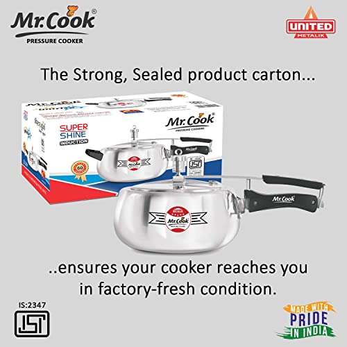 Image of MR COOK By United Metalik Super Shine Pressure Cooker with Inner Lid, Induction Base with 3.25mm Thick Aluminium, (Silver) (3 Litre)