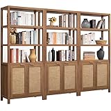SICOTAS Bookshelf 5 Tier Book Shelf Rattan Boho 71' Tall Bookcase with Doors Storage Shelves Large...