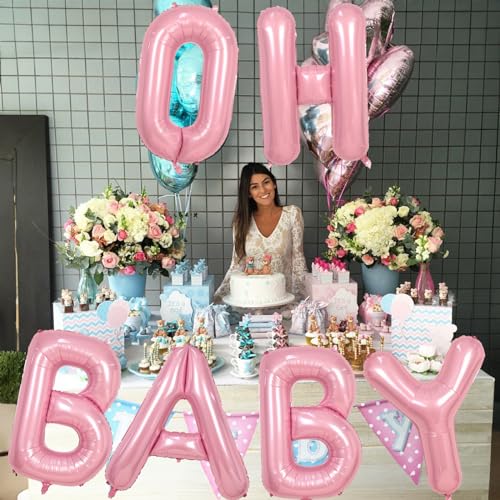 Image of 40 Inch Pastel Pink OH BABY Balloon for Baby Shower, Large Light Pink OH BABY Balloon Letters with Ribbon, Pearl Pink Alphabet Balloons Banner Sign for Girl Birthday Party Backdrop Decorations