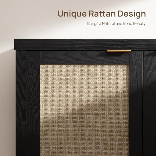 Image of SICOTAS Rattan Sideboard Buffet Storage Cabinet - Boho Credenza Coffee Bar Cabinet with Large Storage, Buffet Console Table for Kitchen Living Room Entryway - Black