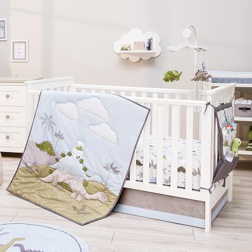 Image of Dinosaur Bedding Set for Boys - 6 Piece Set Includes Dino Blanket, 2 Fitted Sheets, Pillowcase, Crib Skirt, Nursery Organizer - Blue-White