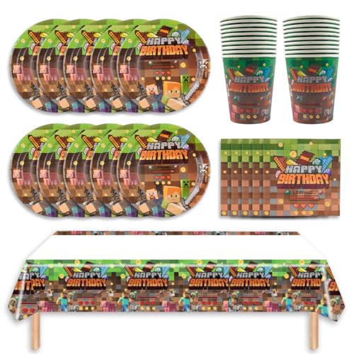 Spiel Partygeschirr Set 41Pcs Braun Spiel Party Geschirr Geburtstagsdeko Videospiele Besteck Kindergeburtstag Pappteller Serviette Becher Teller Tischdecke für Kindergeburtstag Party Supplies