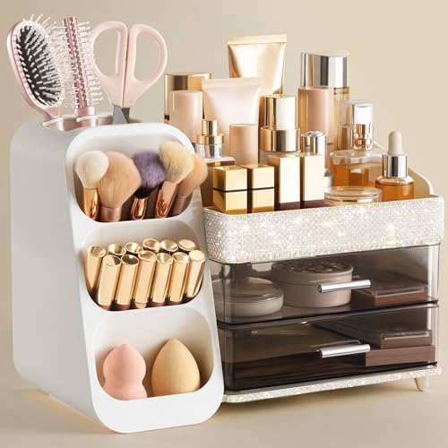 Image of HBlife Makeup Organizer with Brush Holder for Vanity, Large Plastic Bathroom Countertop Organizer Skin Care Storage, Easy to Store Lipsticks, Nail Polishes, Perfumes, Eyeshadow Palettes, Pearl White