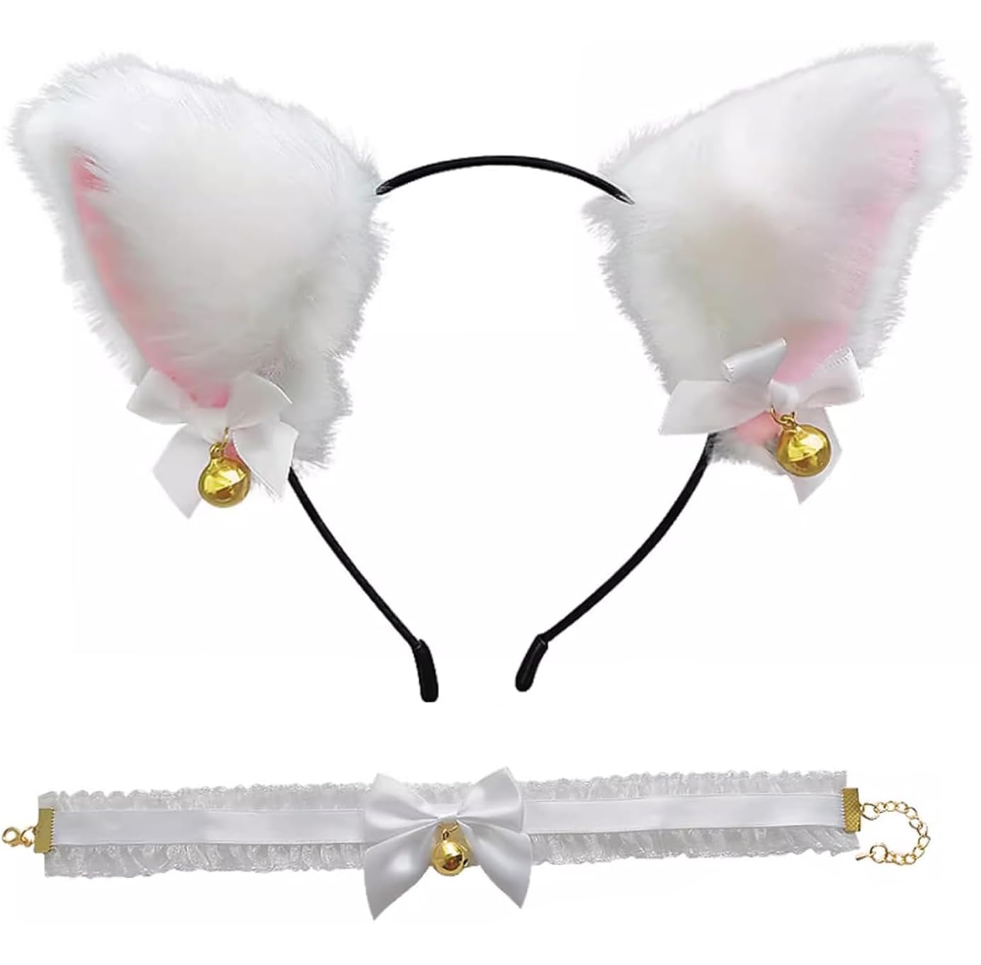 Zwenjuan Cat Ears Headband,2 Pieces Cat Costume Lace Collar and Choker with Bell for Women Ladies Girls for Women Girls Daily Decoration and Party(White)