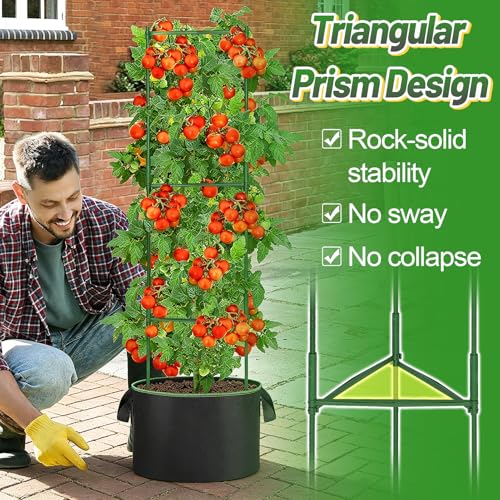 Image of ANPHSIN Sturdy Triangle Tomato Cage with Movable 7 Gal Grow Bags, 3 Sets | 47'' Plants Garden Trellis Planters, Support for Indoor Outdoor Beans, Peppers, Eggplants, Climbing Vegetables