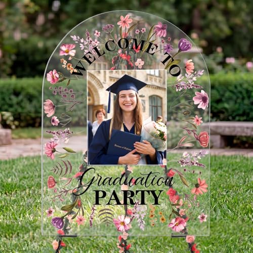 Yousoontic 3 Pcs Graduation Party Welcome Sign with Photo Frame Set 18x24 Acrylic Wildflower Yard Sign with Easel Stand 24.6ft Flower Garland Senior High School College Decor for Graduation Party