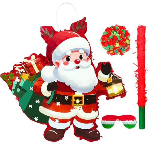 Santa Claus Pinata, 5 Pcs Christmas Decorations Set - Santa Pinata, Christmas Piñata Stick Stickers Blindfold and Confetti, for Xmas Decorations Santa Claus Theme Piñata