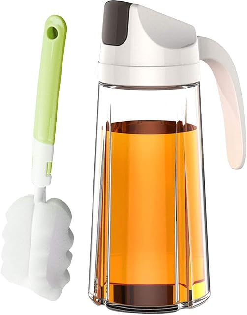 VUL Oil Dispenser, Auto Flip Olive Oil Glass Bottle, 630ml Leakproof Condiment Container with Automatic Cap and Stopper, Non-Drip Spout, Non-Slip Handle for Kitchen Cooking