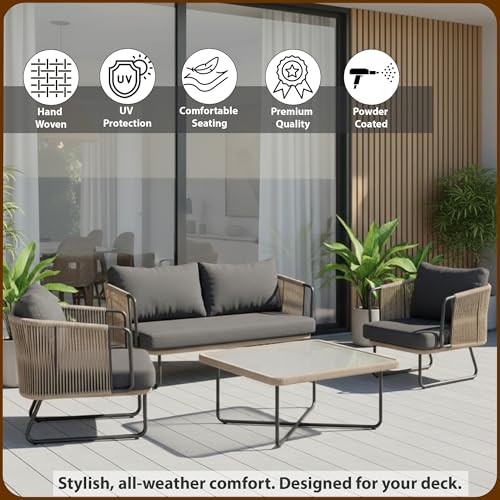 Image of Amazon Brand - Solimo Harbor Outdoor Rope Sofa Set | Balcony Sofa | Patio Conversation Sets | Braided Rope Garden Sofa Set and Table (4 Seater- Beige+Grey)