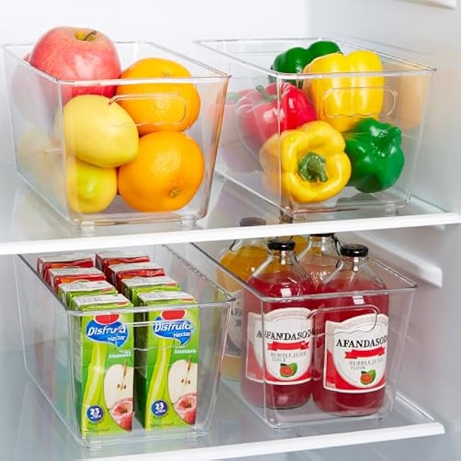 Vtopmart Clear Plastic Storage Bins, 6 PCS Pantry Organizer Bins with Handle for Refrigerator, Fridge, Cabinet, Kitchen, Countertops, Cupboard, Freezer Organization,Medium