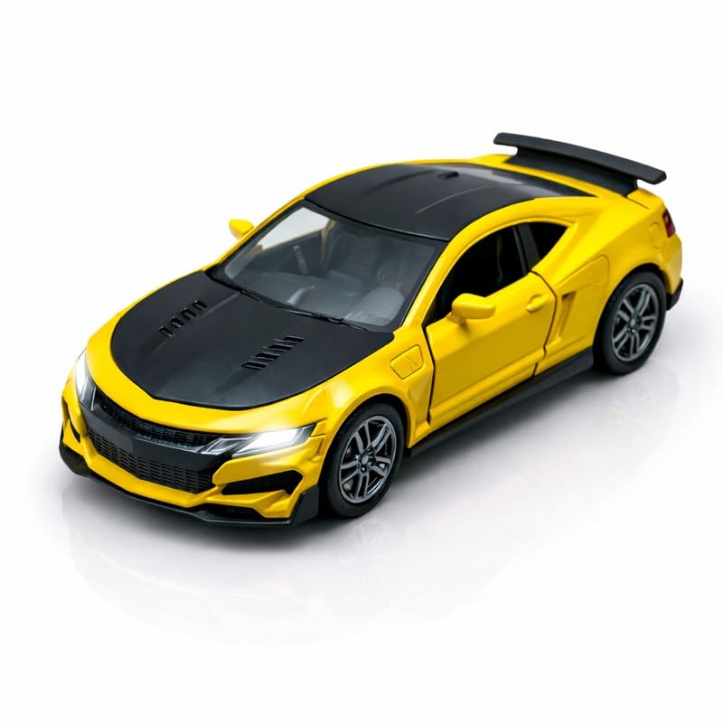 Image of 1:36 Scale Chevrolet Camaro Toy Car - Die-Cast Metal Pull Back Vehicle with Openable Doors, Lights & Music - Sports Model for Kids, Boys & Collectors (Yellow)