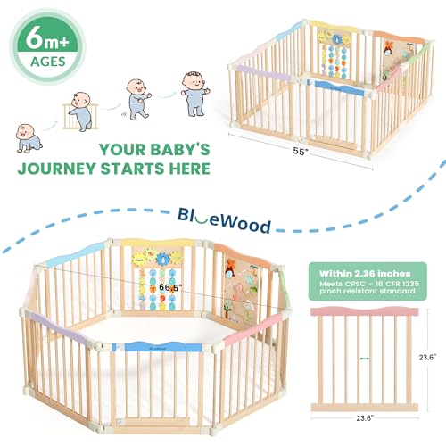 Image of Foldable Wooden Playpen - Adjustable Wood Baby Play Yard with Child-Proof Lock, Indoor Large Safety Fence for Babies and Toddlers - Easy Assembly, 55 x 55 x 24 inches, Dino Land, Colorful
