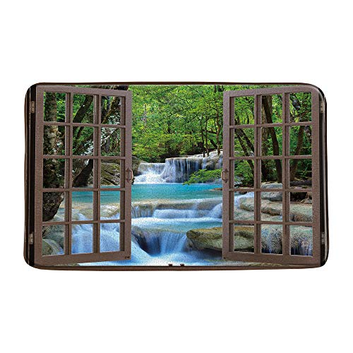 AMFD Waterfall Bath Mat 3D Vivid Nature Waterfall Scenery Throught Brown Window Creative Green Teal Modern Unique Bathroom Shower Mat Kitchen Rug Microfiber Memory Foam 20x31 Inches
